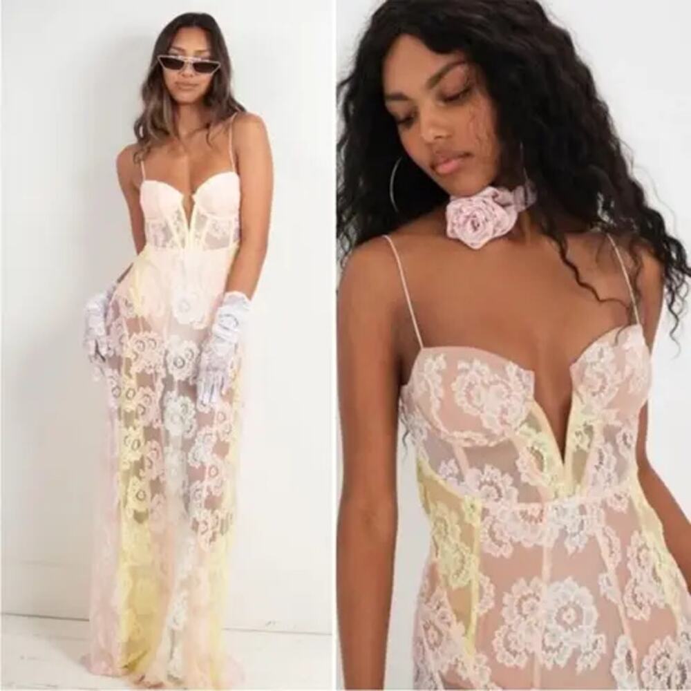 For Love & Lemons Blossom Pink Lemonade Sheer Lace Bodysuit Boho Maxi Dress S - Picture 9 of 10
